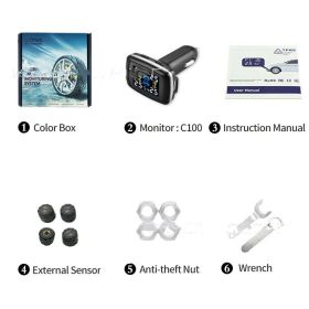 Tire Pressure Monitoring System Sensors Cigarette Lighter USB port Auto Security Alarm Systems Tire Pressure (Color: Black)