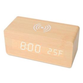 Voice Control Brightness Adjustment Digital Alarm Clock Qi-Wireless Charger Time Temperature Calendar Display Clock (Color: (Bamboo)